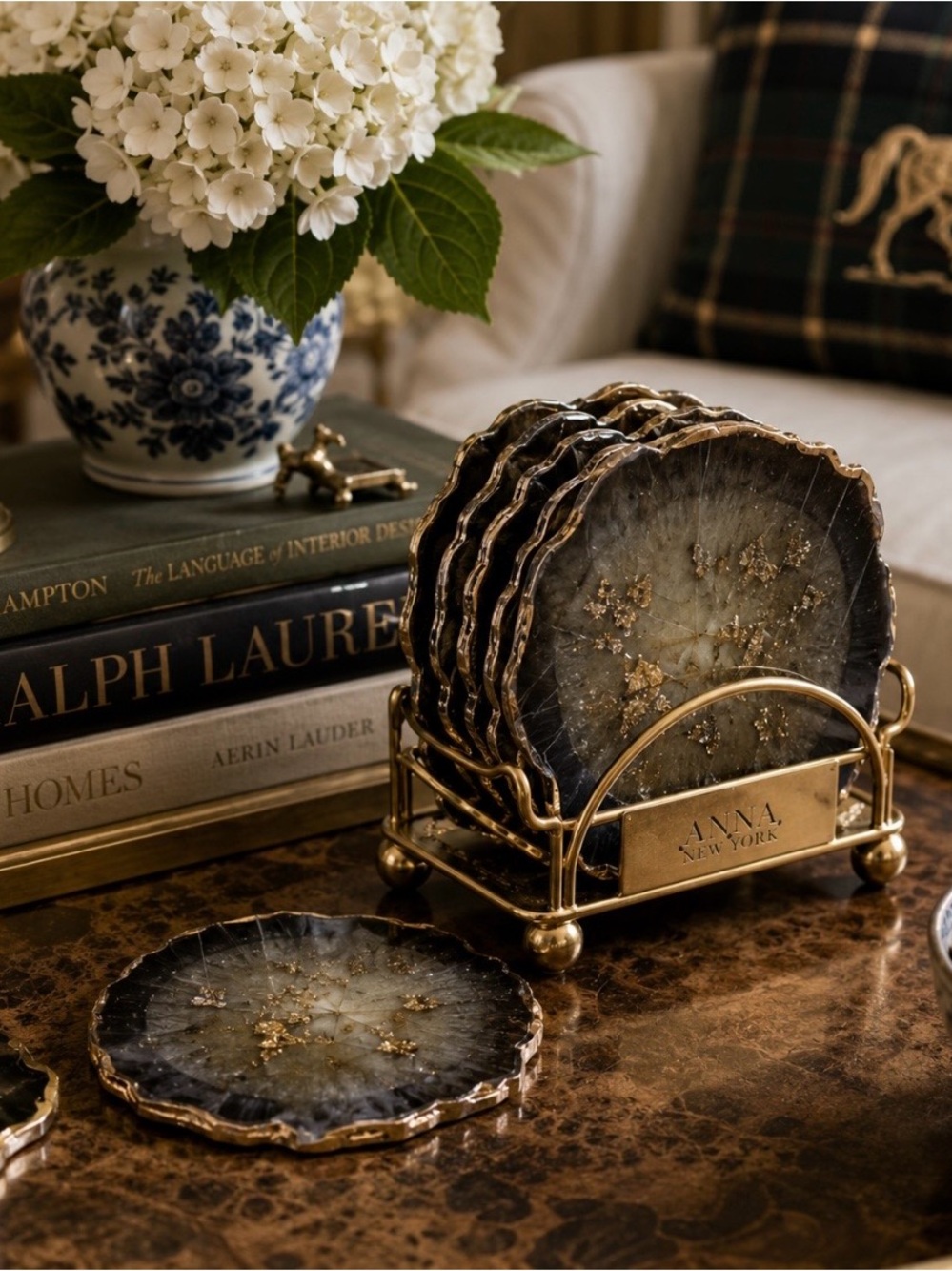 Luxury Agate-Style Resin Coasters Gold Edge Set of 10 Glam Decor